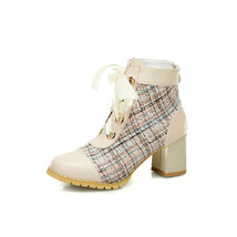 Big Plus Size 46 13 Women Brand Tweed Boots Shoes Square High Heels Ribbon Lace  - £59.39 GBP