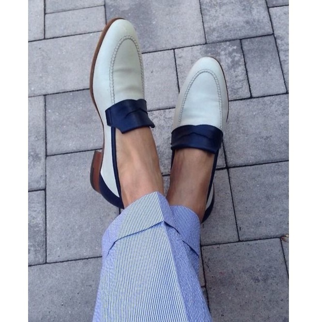 New Handmade Two Tone White & Blue Shoes, Men's Loafer Slip On Moccasins Dress