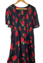Vintage Maxi Dress Size 16 Black Rose Red Floral Smocking Tea Party Vict... - $74.49
