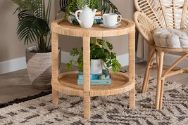 Saverio Natural Brown Mahogany Wood and Natural Rattan 2-Tier End Table - $259.00