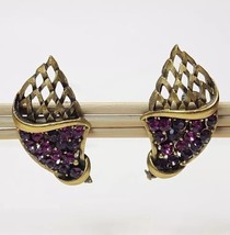 Vintage Satin Gold-tone Cornucopia Purple Rhinestones Clip-on Stud Earrings 1.5&quot; - £19.35 GBP