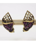 Vintage Satin Gold-tone Cornucopia Purple Rhinestones Clip-on Stud Earri... - £19.55 GBP