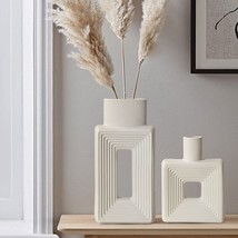 Square Vase Rustic Nordic Boho Style White Ceramic Vase Set Of 2 For Living - £33.33 GBP