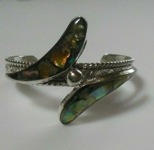 Vintage Signed Mexico Silver Cuff Bracelet W/Abalone Shell Inlay - £117.32 GBP
