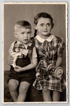 RPPC Cutest Children With Toys Plaid Dress c1940  Postcard L21 - £6.21 GBP