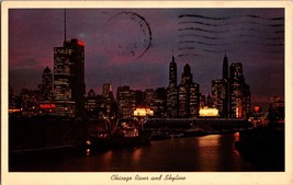 Vtg Postcard Chicago River and Skyline at Night, Chicago IL., Postmarked 1963 - £4.58 GBP