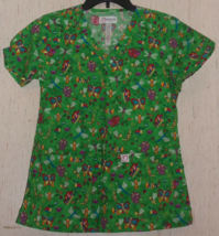 Excellent Womens Peaches Green W/ Sparkly Bugs Novelty Print Scrubs Top Size M - £18.43 GBP