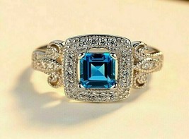 2.80Ct Asscher Cut Blue Topaze Halo Bague de Fiançailles Finition Or Blanc 14K - £120.77 GBP