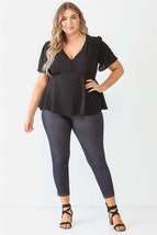 Black Plus Size Button Up V Neck Short Sleeve Flare Top_ - £9.74 GBP