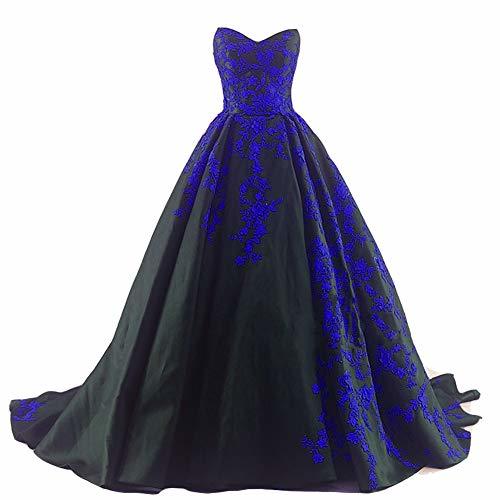Kivary Gothic Black Satin and Royal Blue Lace V Neck A Line Long Prom Wedding Dr