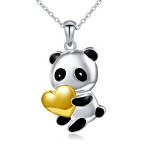 925 Sterling Silver Cute Panda Love Heart Necklace for Women Girl Rolo Chain 18&quot; - £52.64 GBP