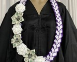 Graduation Money Lei Flower Purple &amp; White Roses Four Braided Ribbons - £55.26 GBP