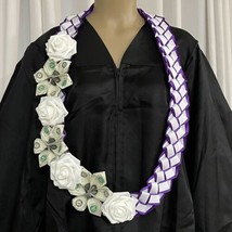 Graduation Money Lei Flower Purple &amp; White Roses Four Braided Ribbons - £54.75 GBP