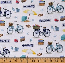 Cotton Beach Time Beaches Sand Bikes Bicycles Cream Fabric Print by Yard D687.72 - £11.97 GBP