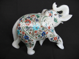 8&#39;&#39; White Marble Elephant Trunk Up Marquetry Multi Fine Stone Inlay Decor Arts - £509.03 GBP