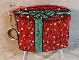 Christmas Present Fully Beaded Change Purse 4” Zipper Closure Keyring - £13.17 GBP