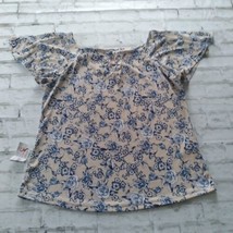 Spring &amp; Summer Womens Blouse XL Beige Blue Floral Flare Sleeve Keyhole Top - $17.95