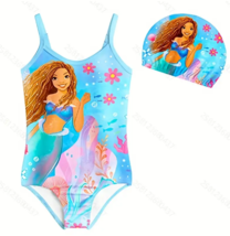 2pc Toddler Girls Sz 4-5 Cartoon Mermaid Cami One Piece Swimsuit + Swim Cap NWT - £10.51 GBP