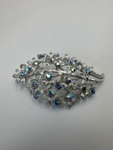 Vintage Silver Blue Iridescent Rhinestone Leaf Brooch By Coro Missing 2 Stones - £23.22 GBP