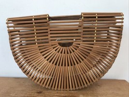 Vintage 70s Crescent Half Moon Wood Woven Tiki Rounded Hand Bag Purse Clutch - £63.74 GBP