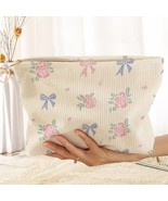 Cream Pink Blue Corduroy Coquette Roses Bows Cosmetic Travel Zipper Bag ... - $15.84