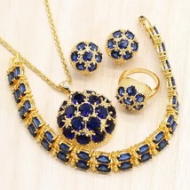Gold Color Women 4PCS Jewelry Sets Blue Cubic Zirconia Earrings Pendant Necklace - £28.78 GBP