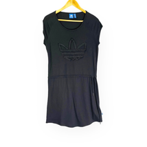 Adidas Black Ruffle Logo Blouson Mini Casual Tee Shirt Dress Drawstring Waist - £37.65 GBP