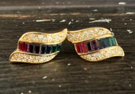 Romar Signed Post Earrings Rainbow Row Rhinestone Gold Tone - $16.95