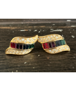 Romar Signed Post Earrings Rainbow Row Rhinestone Gold Tone - $16.95