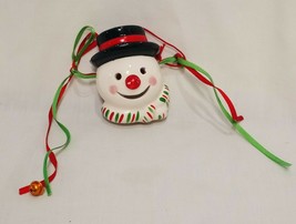 Snowman Mask Face Christmas Ornament 2 1/2&quot; Vintage Ribbons Ceramic - £15.02 GBP