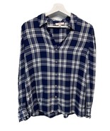Como Vintage Rayon Blue Plaid Blouse Button Front Top V Neck Size M - $25.68 CAD