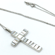 MOTHER OF PEARL sterling cross pendan necklace - artisan silver shell inlay 18&quot; - £23.98 GBP