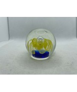 Vintage Murano Glass Paperweight Yellow Flower Blue 2.5&quot; Controlled Bubble - $19.79