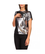  Michael Kors Tin Foil Shirt   Silver Metallic Round Neck Petal Sleeve S... - $27.40