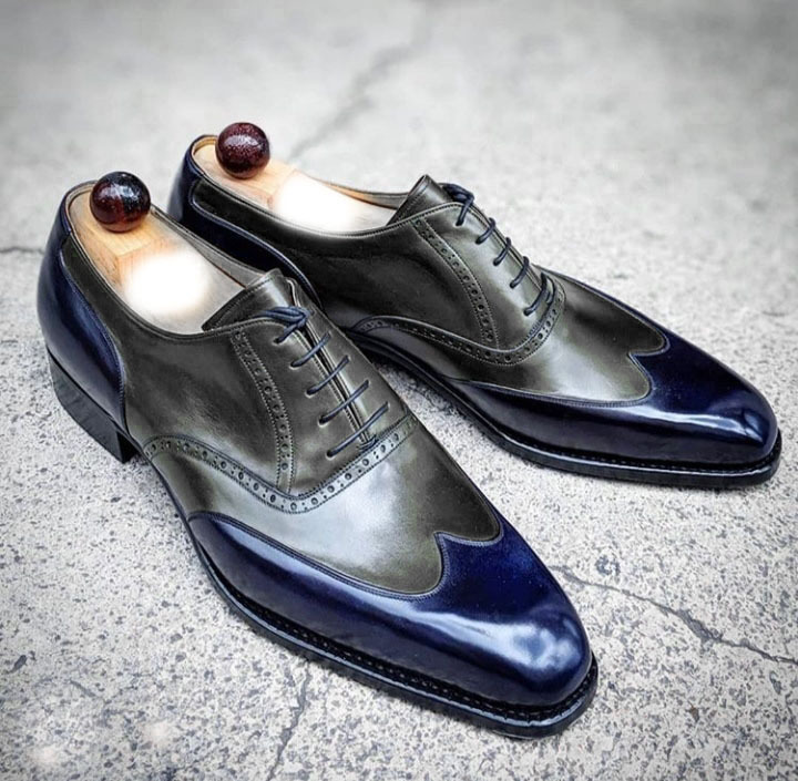 Handmade Wing Tip Leather Men's Shoes, Men's Lace Up Blue Gray Stylish Shoes 201