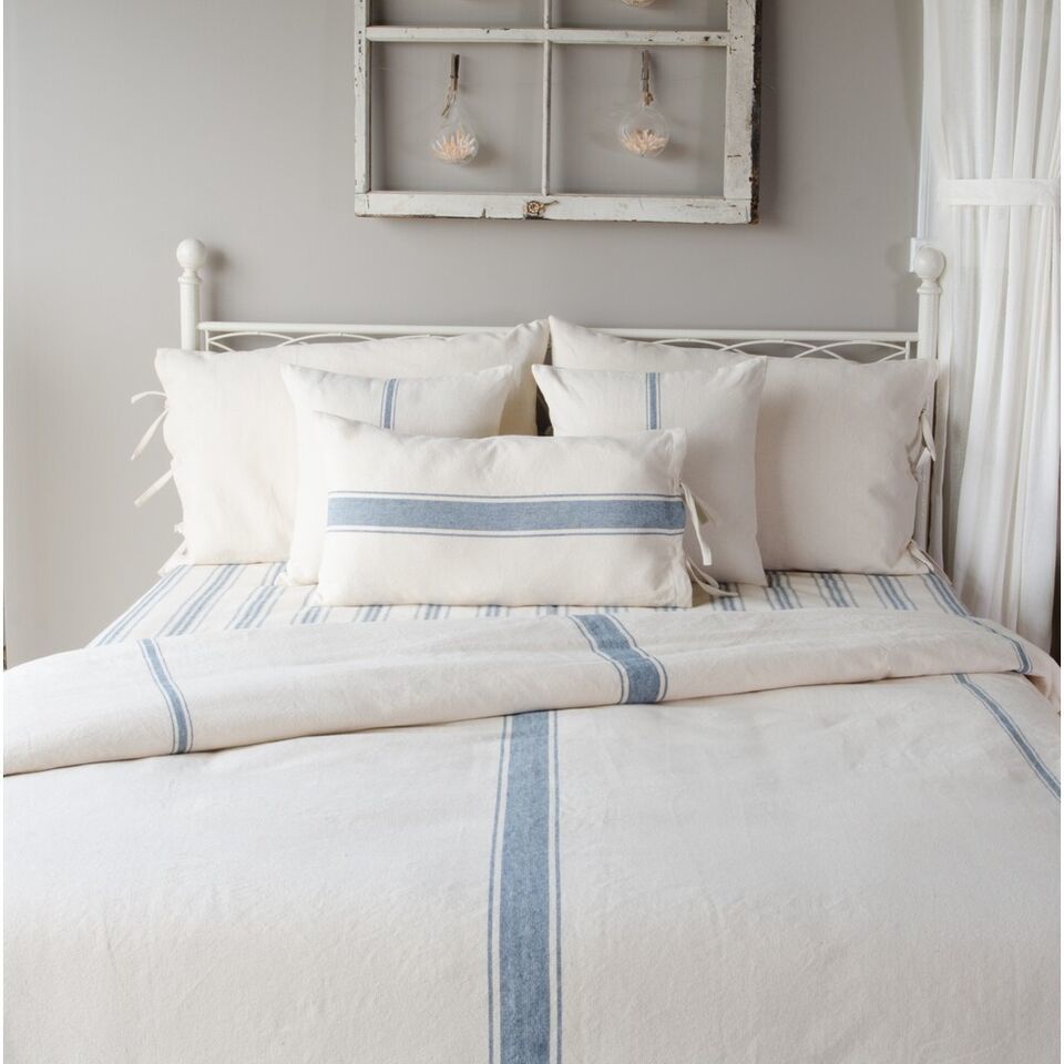 Grain Sack Stripe Cream & Colonial Blue Queen Duvet Cover (Tie Closure) 90x94 - $133.66