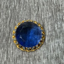 Vintage Brooch Signed AUSTRIA Blue Stone Gold Tone Statement Open Back Art Deco - £31.42 GBP