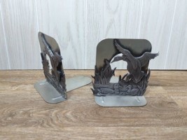 Pewter Metal Mallard Duck Bookends One In Flight Two Swimming Cattails v... - £11.67 GBP