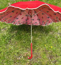 Vtg MCM F.U.M.C.USA Lucite Handle W/ Flower Engraved Red Umbrella Floral... - £63.90 GBP