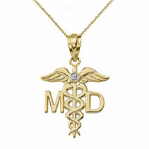 Solid 14k Yellow Gold Diamond MD Medical Doctor Wings Pendant Necklace - £175.77 GBP+