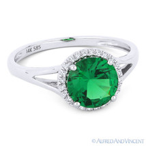 1.24ct Lab Created Emerald &amp; Diamond Halo 14k White Gold Promise Engagement Ring - £239.04 GBP