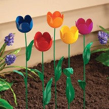 Set of 5 Colorful Spring Tulip Metal Garden Stakes Outdoor Flower Yard A... - £17.49 GBP