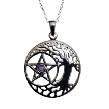 Pentacle Tree Of life Amethyst Pendant Chain Necklace 925 Sterling Silver &amp; Box - £29.95 GBP