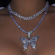 Iced Butterfly Chains Set Miami Cuban Link Necklace Women Luxury Micro Paved Bli - $44.99