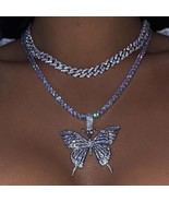 Iced Butterfly Chains Set Miami Cuban Link Necklace Women Luxury Micro P... - £19.91 GBP