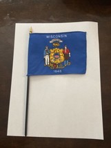 New Wisconsin State Mini Desk Flag - Black Wood Stick Gold Top 4” X 6” - £6.29 GBP