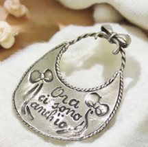 Vintage Italian Handmade Genuine Silver Baby Bib &quot;Ora ci sono anch&#39;io&quot; M... - £21.59 GBP