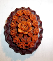 Vintage Oval Pin Brooch Molded Celluloid Plastic Floral On Wood Look - £15.81 GBP