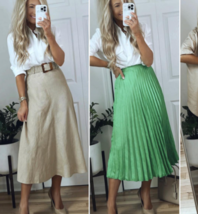 ZARA BNWT NEW. BEIGE LINEN MIDI CAPE SKIRT CONTRAST BELT SIDE ZIP. 4387/063 - $40.30