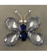 Costume Jewelry Blue Glass Butterfly Statement Brooch Pin Silver Tone Bold  - $34.64